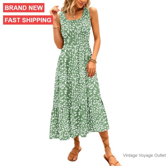 Sleeveless Maxi Dress Smocked Empire Waist Tiered Pockets Summer Sundress